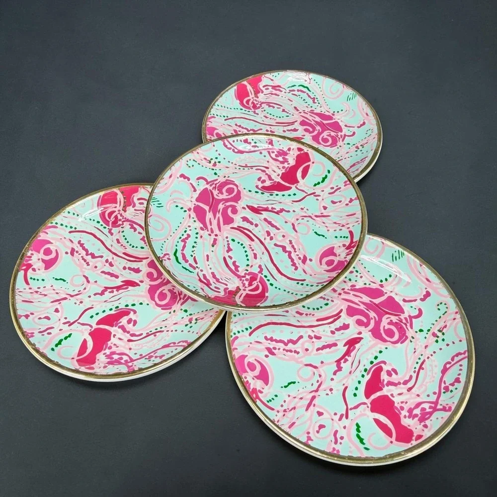Lilly Pulitzer Ceramic Trinket Dish Set 4 Pink Blue Floral Gold Rim 4 Inch